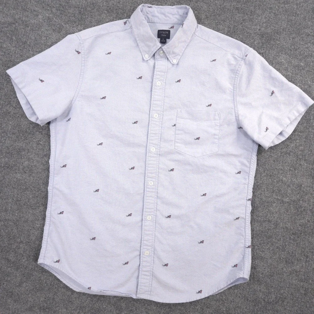 J Crew Oxford Shirt Mens M Blue Embroidered Great White Sharks Flex Short Sleeve